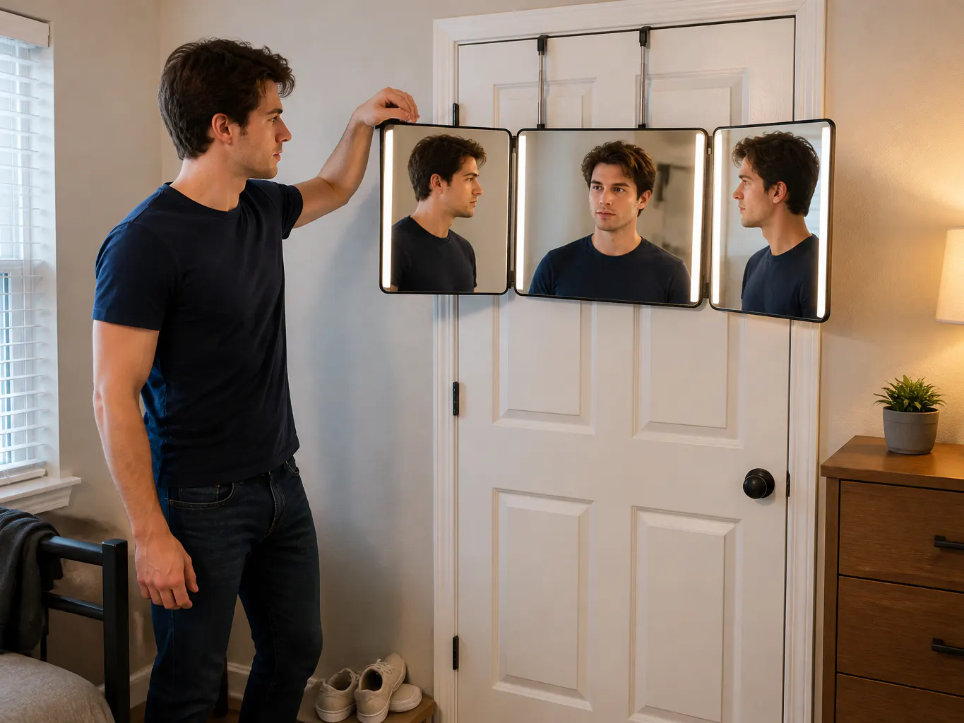 Unfolded trifold mirror on a standard interior door with a person at working distance