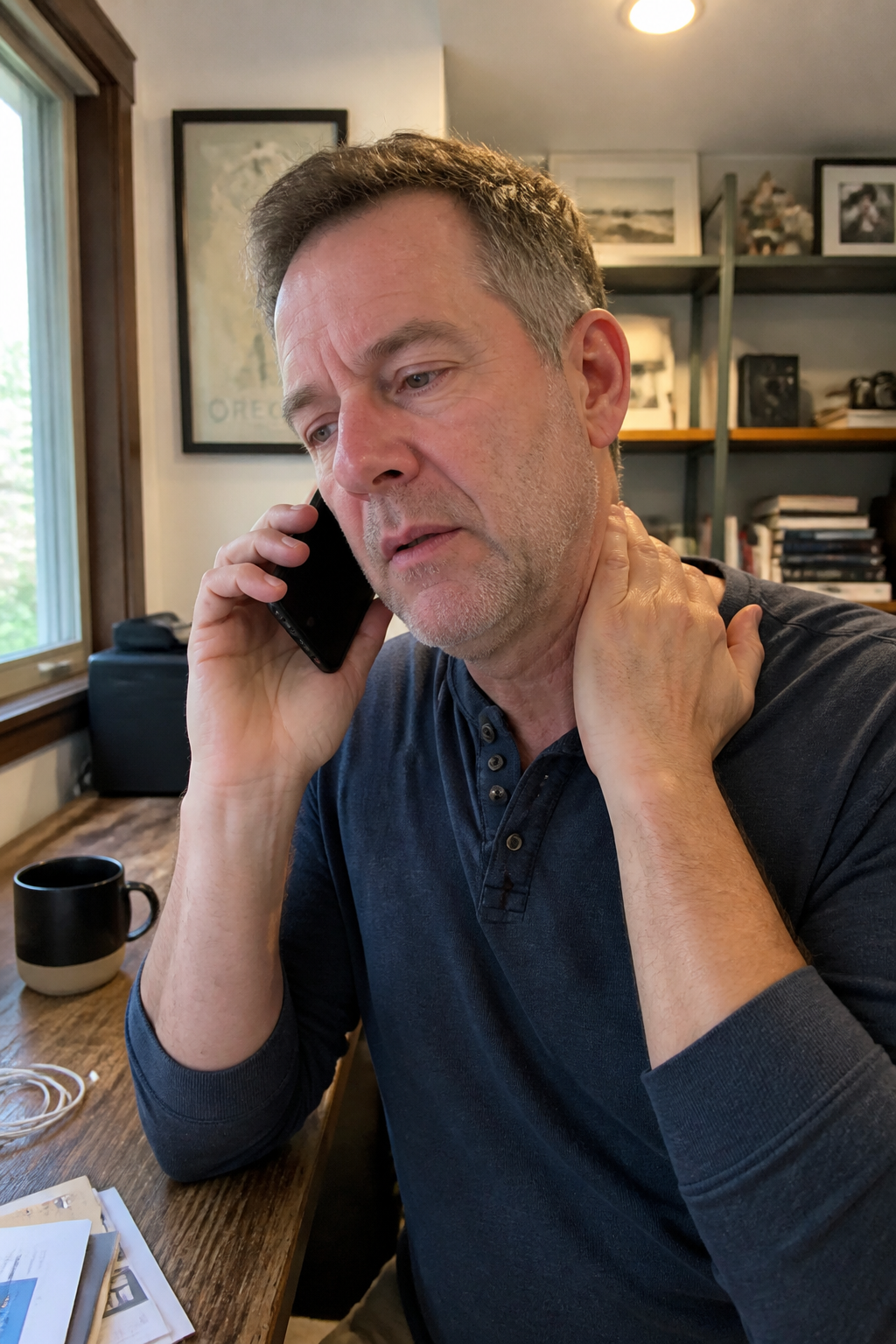 Person mid-call rubbing a sore hand while holding a thin flat phone