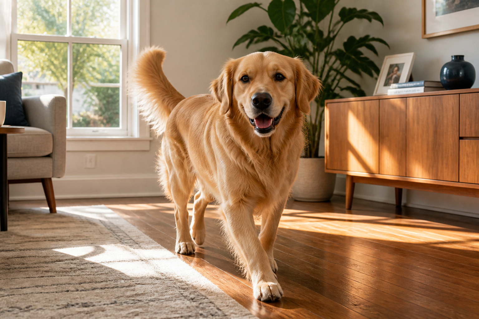 A senior dog moving freely on a bright morning