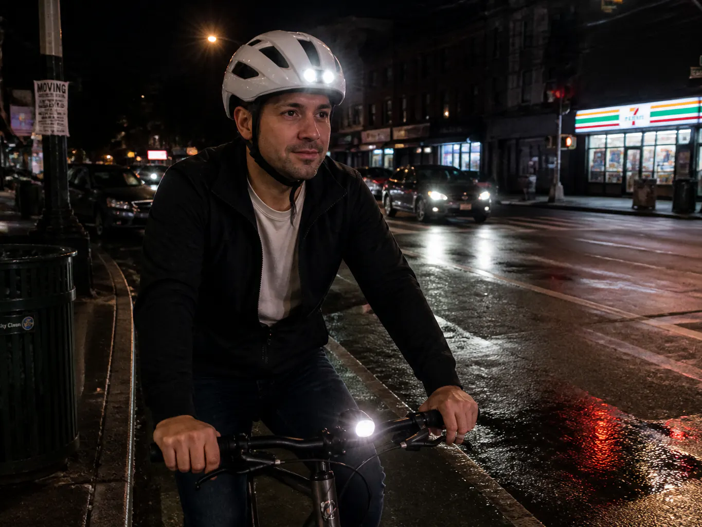 Rider on a dark street, helmet lights at driver eye level