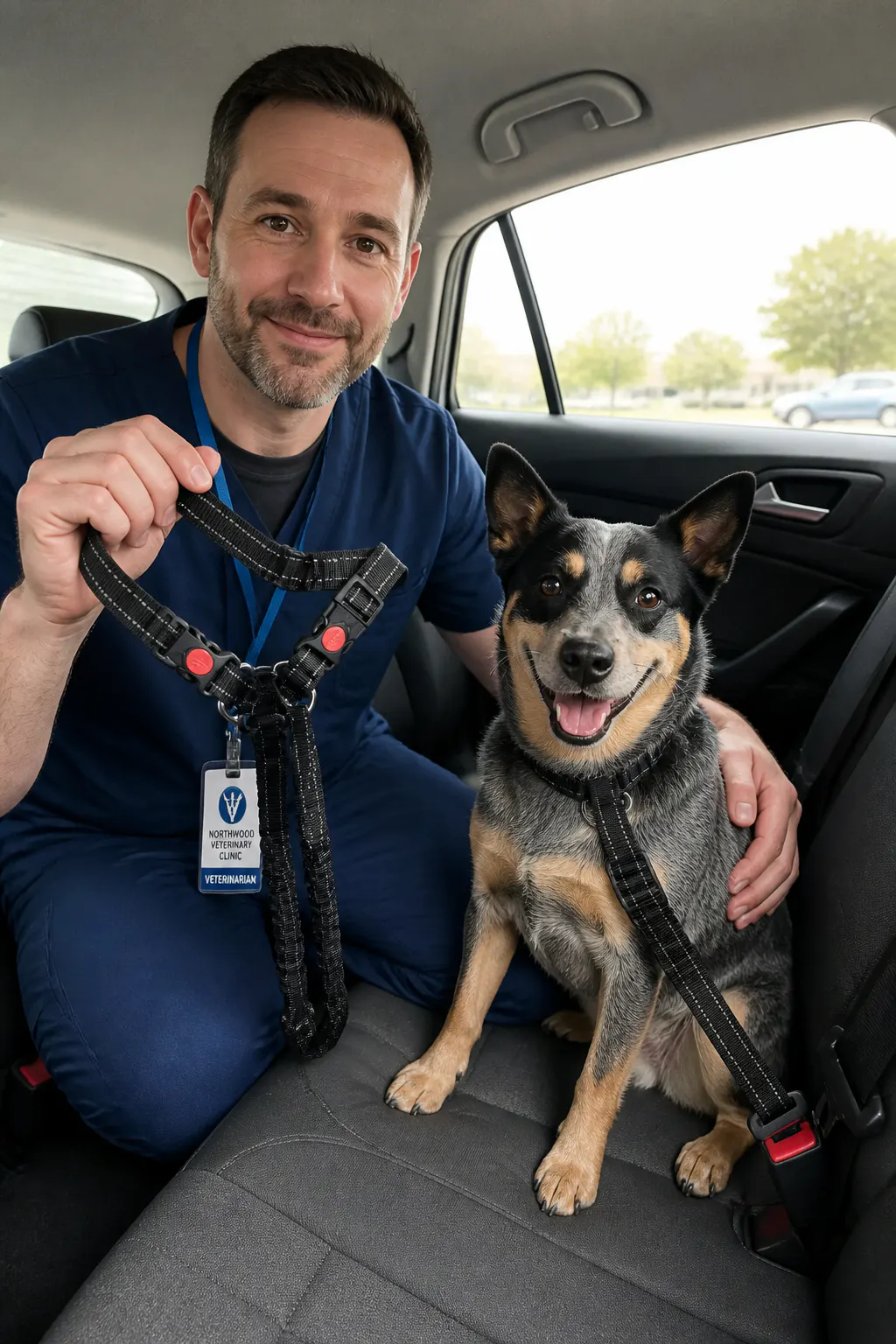 Veterinarian with a dog, presenting the car restraint tether