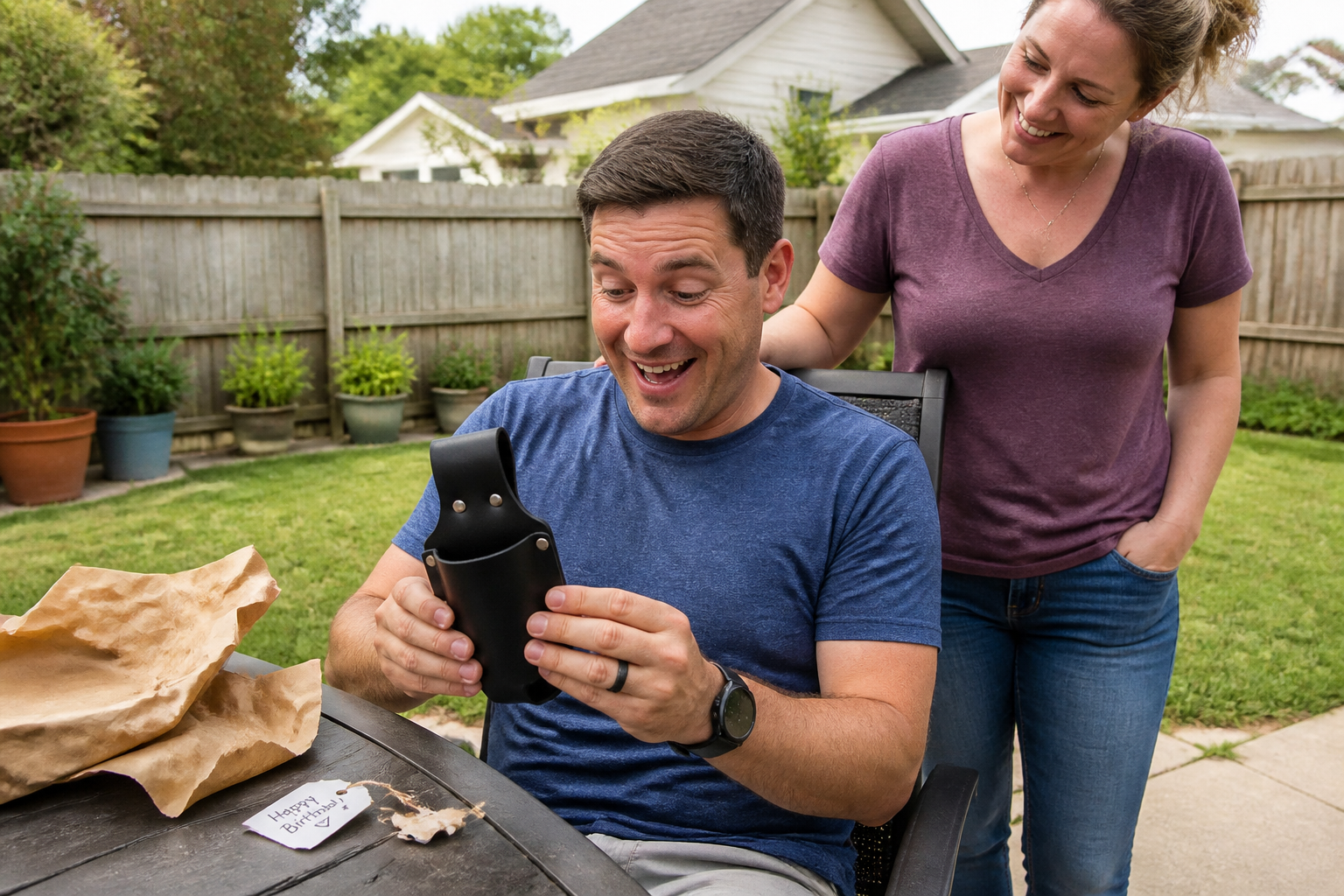 A grinning man wearing the Ventra leather bottle holster on his belt