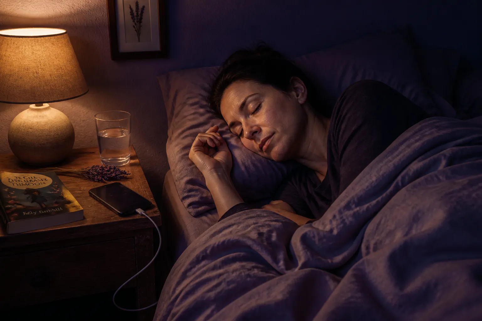 Calm bedtime scene with the spray on the nightstand
