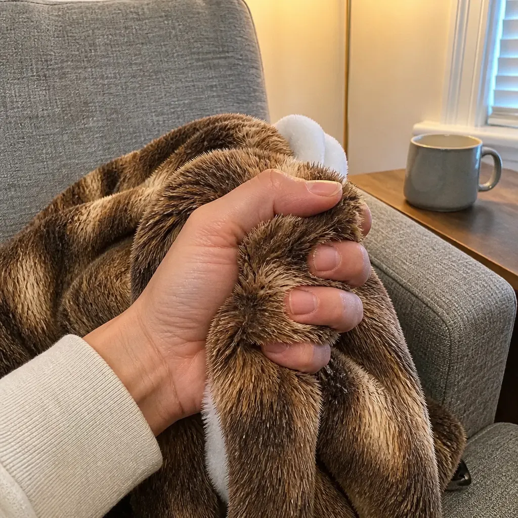 One hand scrunching the blanket to show it springs back with body