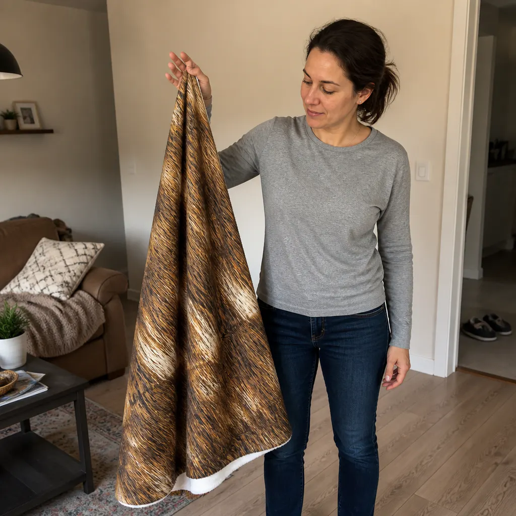 The blanket held up by one corner, hanging with weight rather than floating