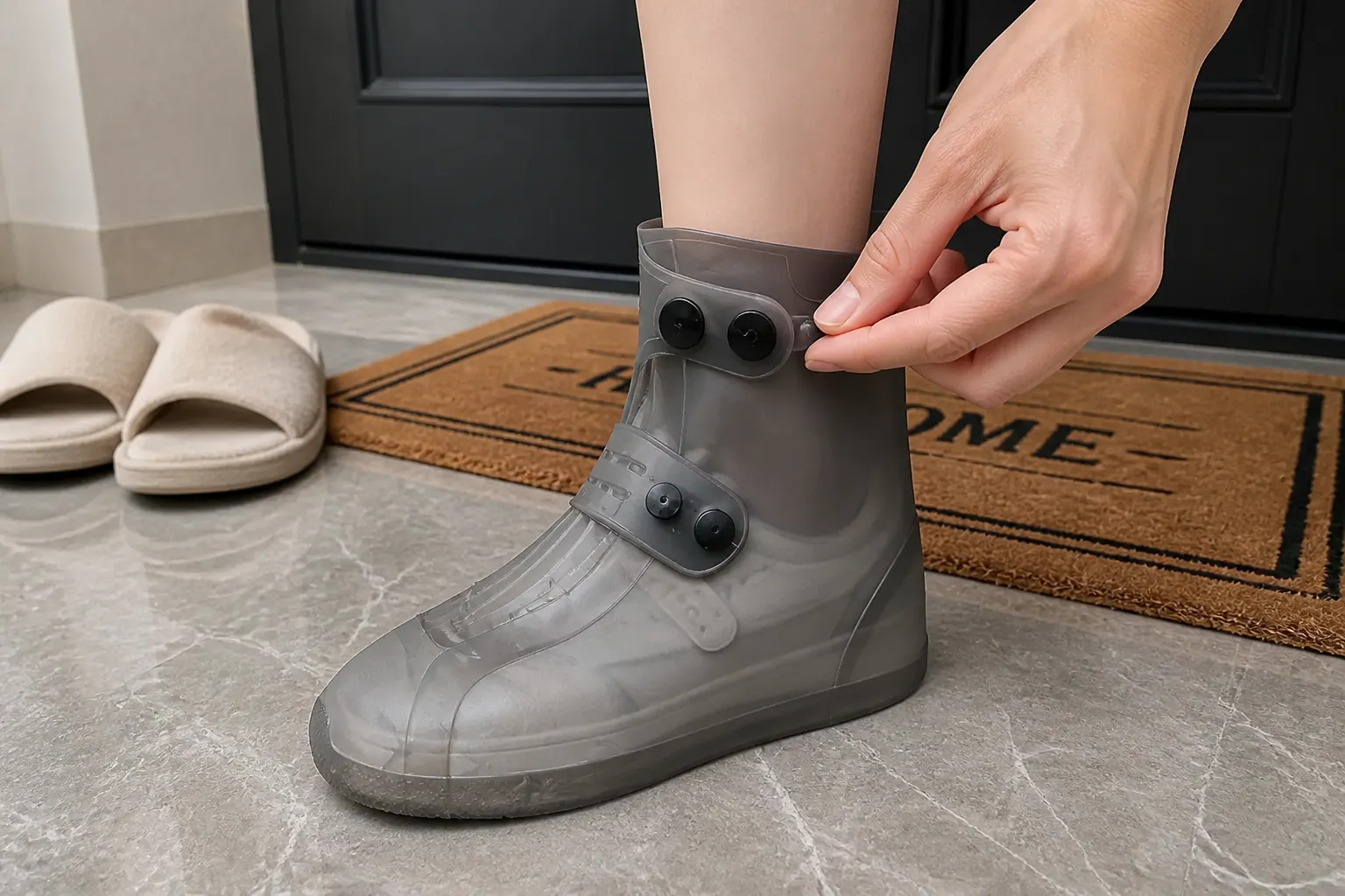 Fastening the double buttons at the top of a Ventra cover to seal it around the ankle