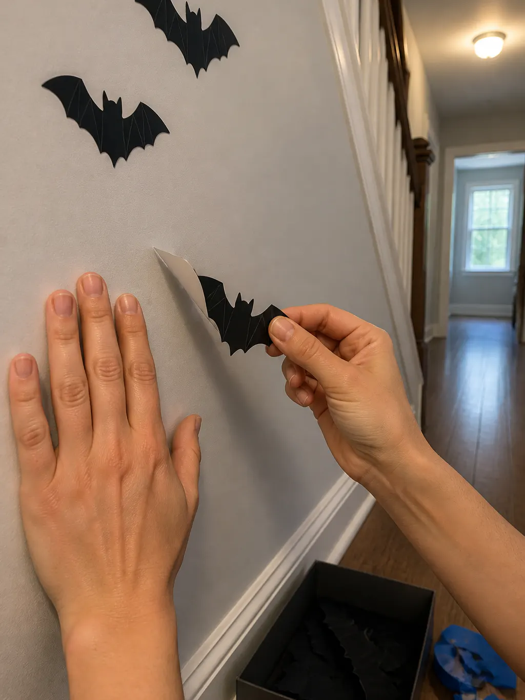 A hand peeling a bat decal back off a painted wall, the surface clean behind it