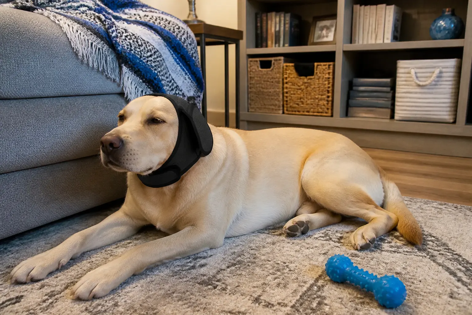 Dog wearing the calming hood with the under-chin strap fastened