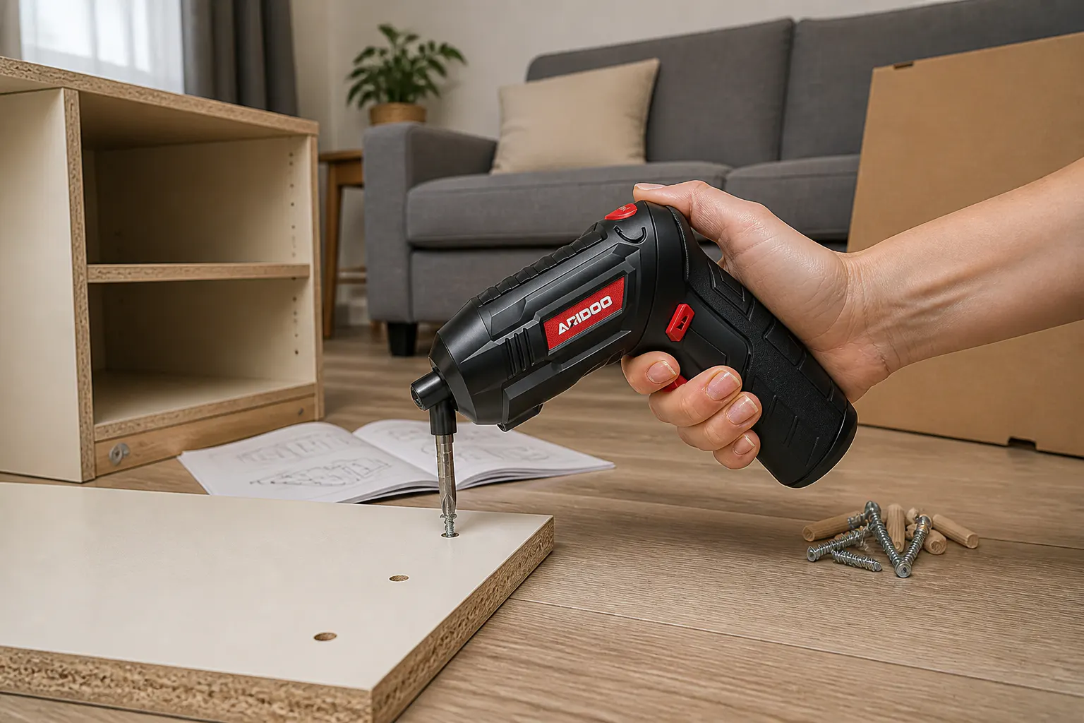 Ventra driving a screw into a flat-pack furniture panel