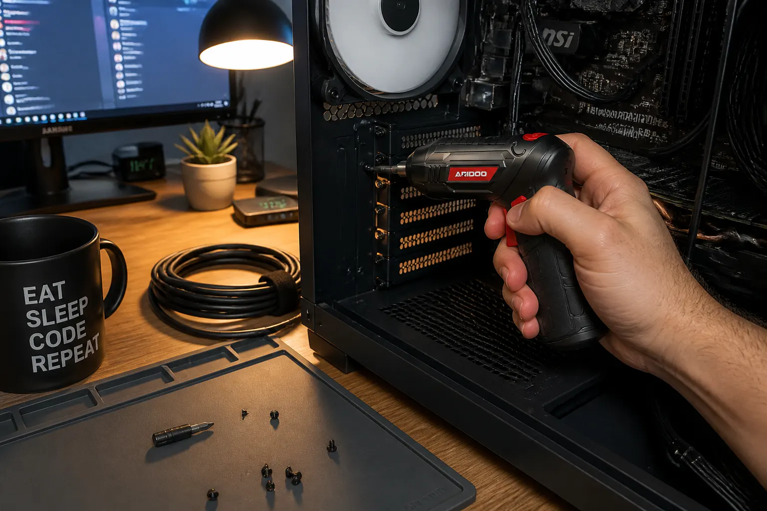 Ventra in straight grip installing a motherboard screw in a PC case