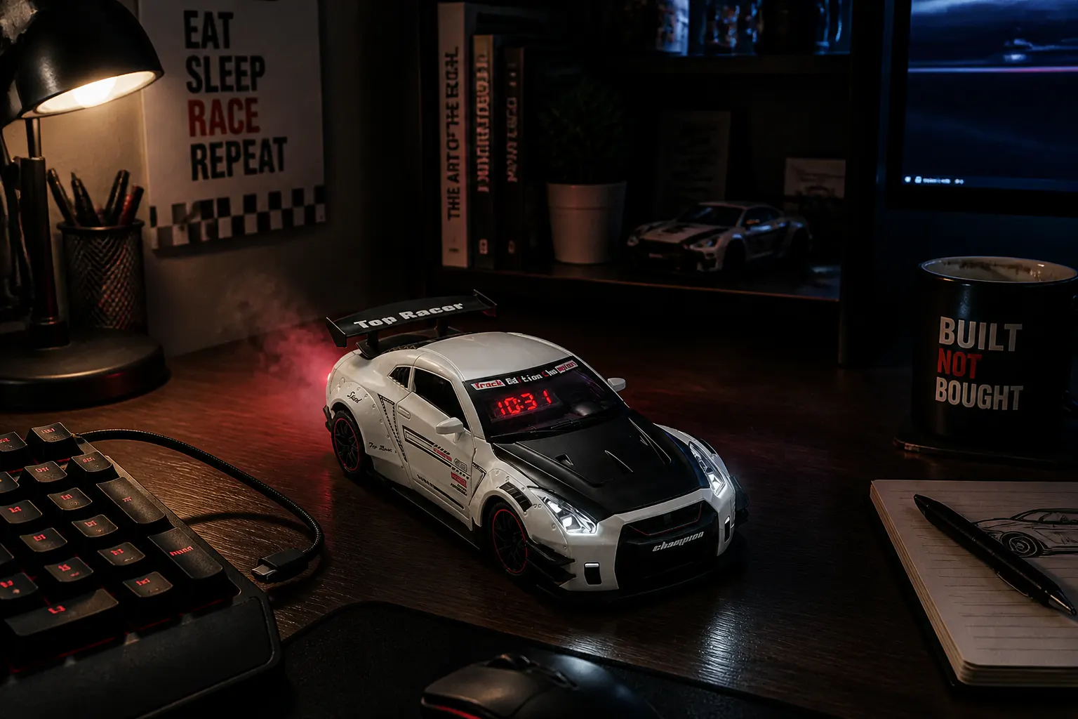 Lit GT-R alarm clock glowing red on a dark desk with mist rising