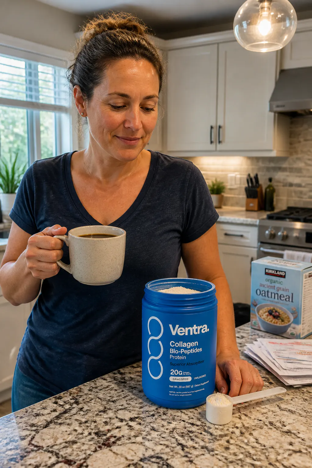 A scoop of unflavored Ventra collagen stirred clear into a morning coffee mug