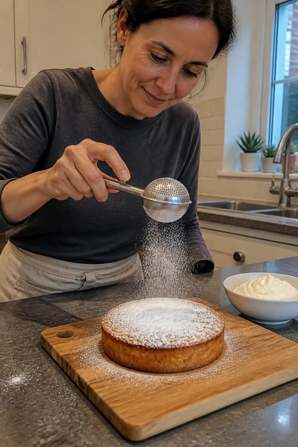 A hand dusting an even cloud of powder over a bake with the Ventra wand