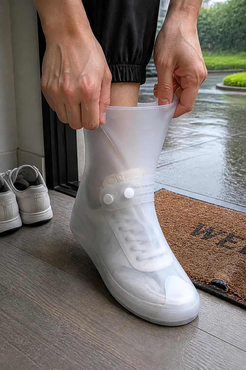 Hands stretching a reinforced silicone Ventra shoe cover wide over a shoe without tearing