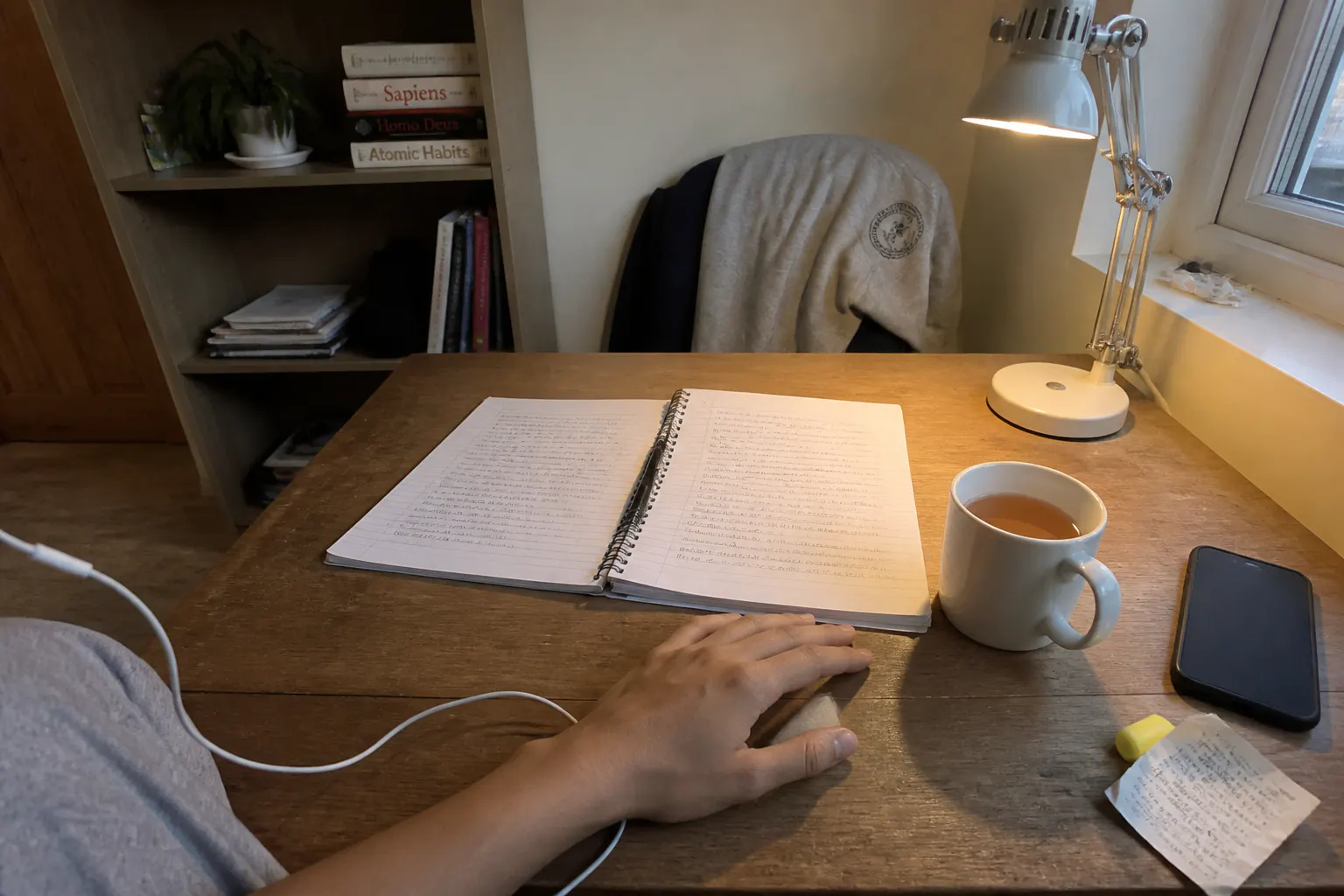 A calm study desk with the album spinning, earbuds in, phone face-down