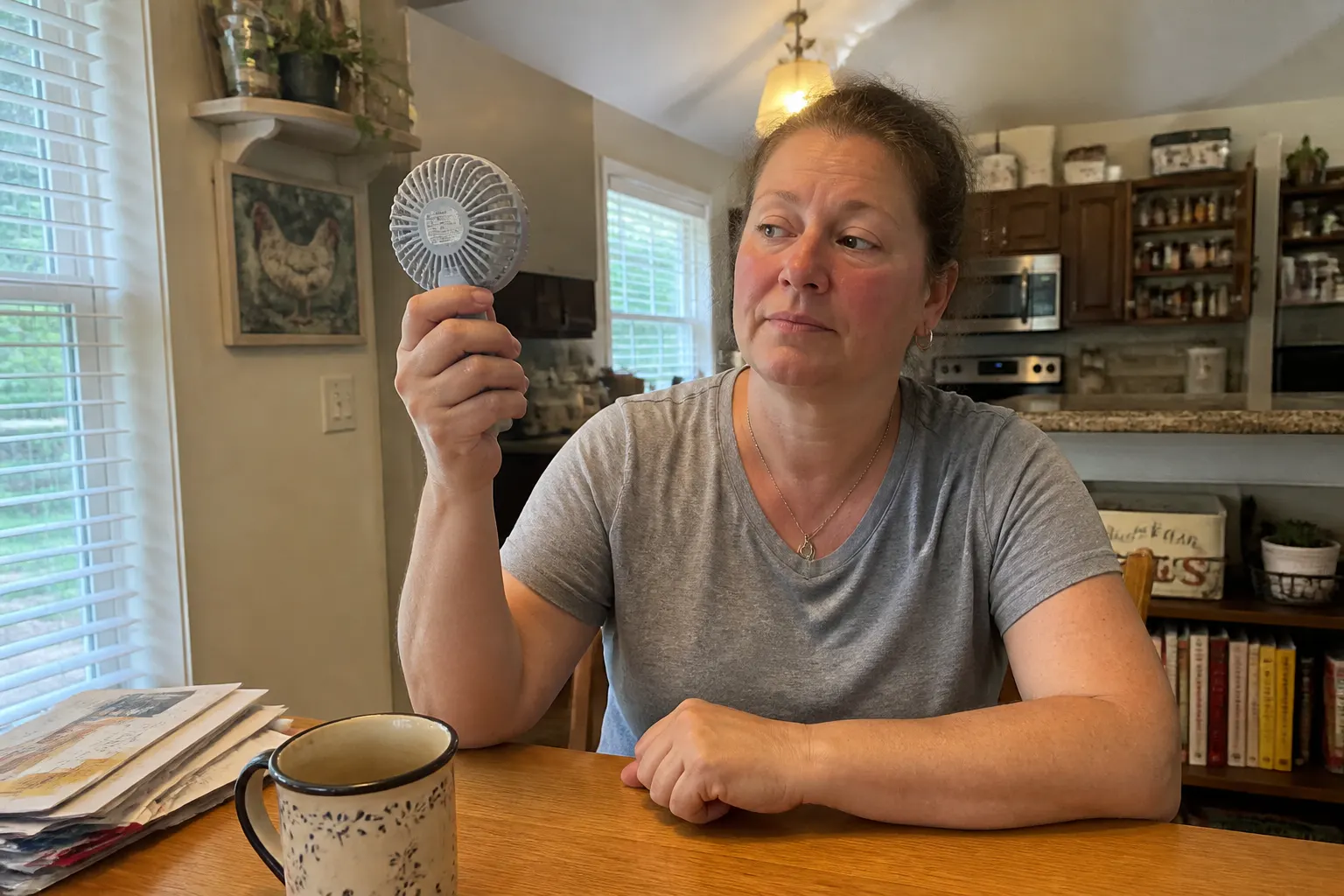 Hand growing tired holding a small handheld fan