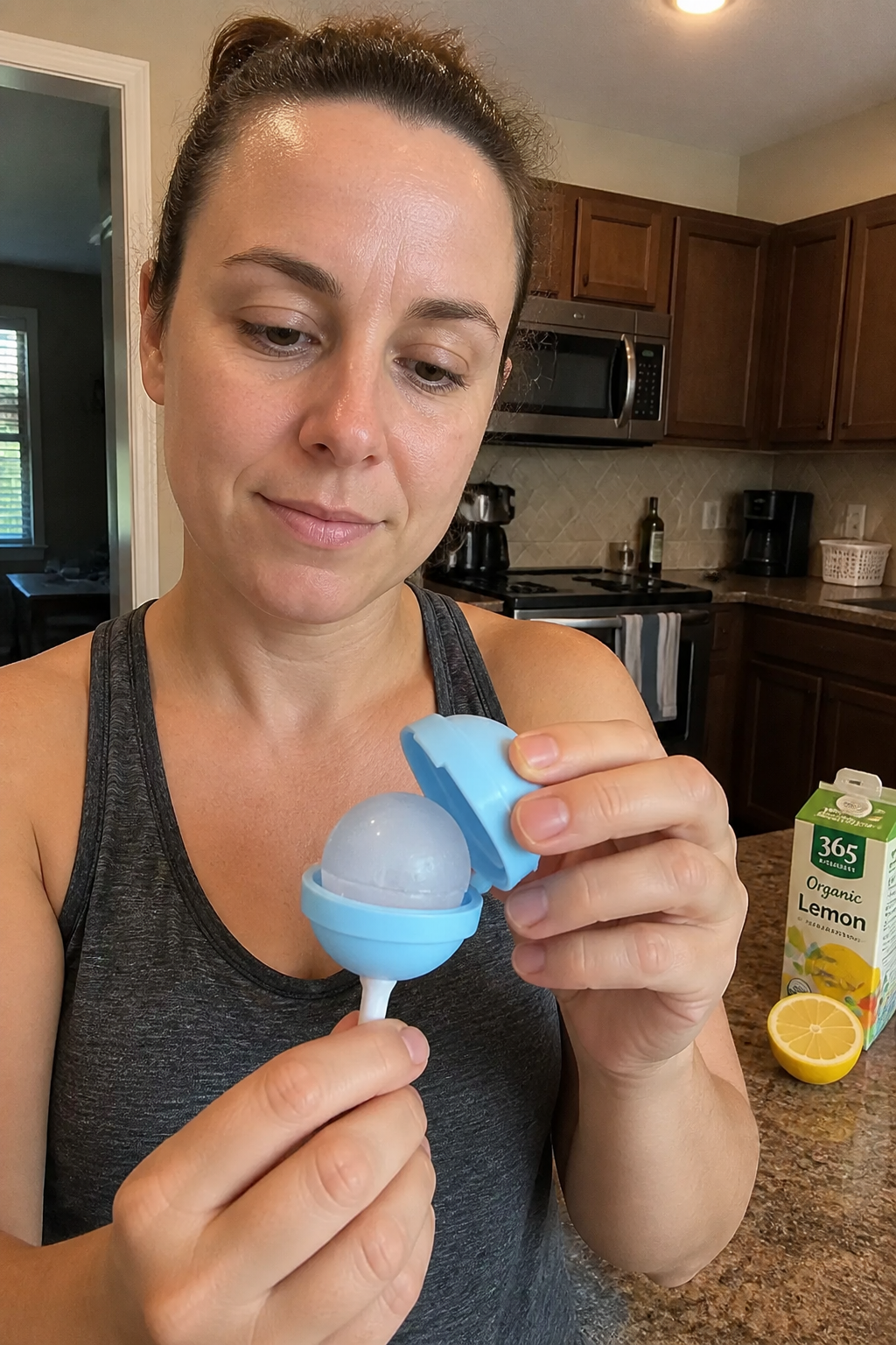 The soft silicone base being flexed back to release the frozen sphere