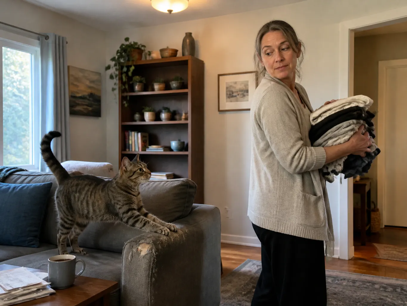 Cat scratching the arm of a fabric couch