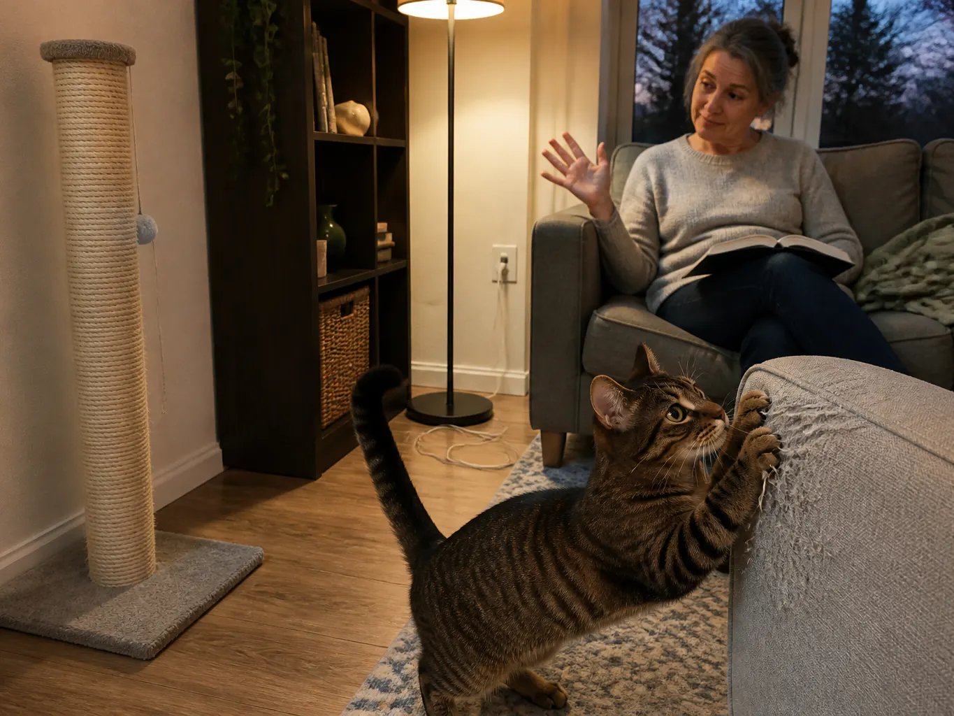 Sisal scratching post beside a living room chair
