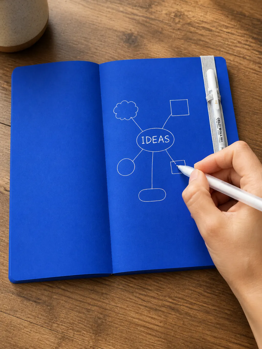 Macro photo of the open lay-flat spread, white-ink mind maps on deep blue pages