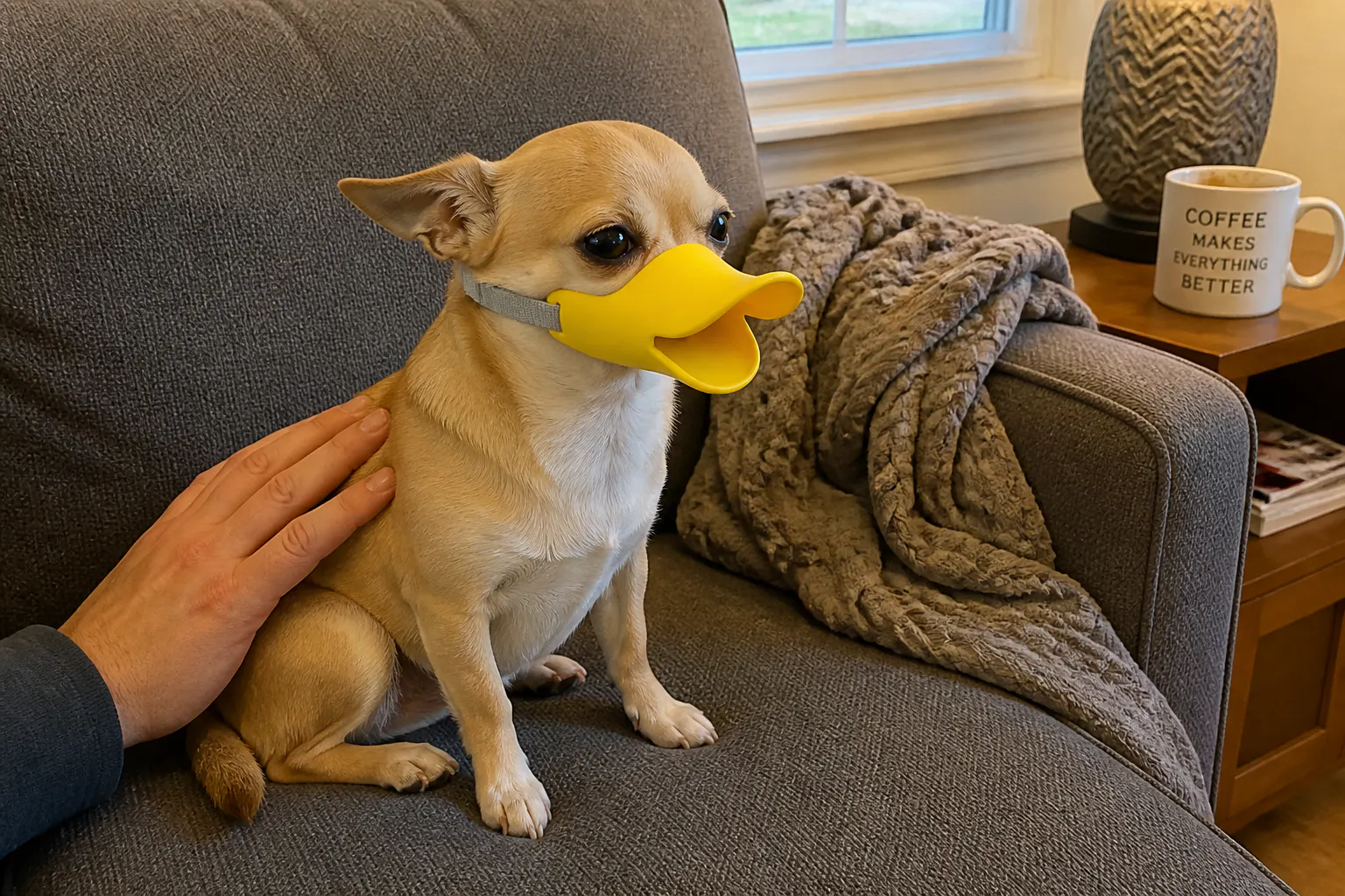 Close-up of the silicone duck-bill on a small dog's snout