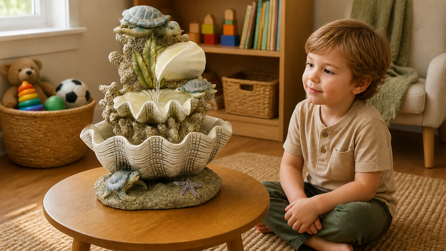 The Turtle Shell fountain cascading in a warm playroom while a young child watches, captivated