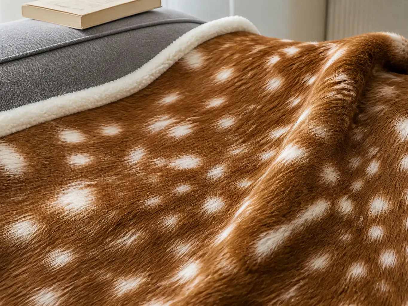 Macro close-up of the tan-and-white fawn hide print on dense short plush
