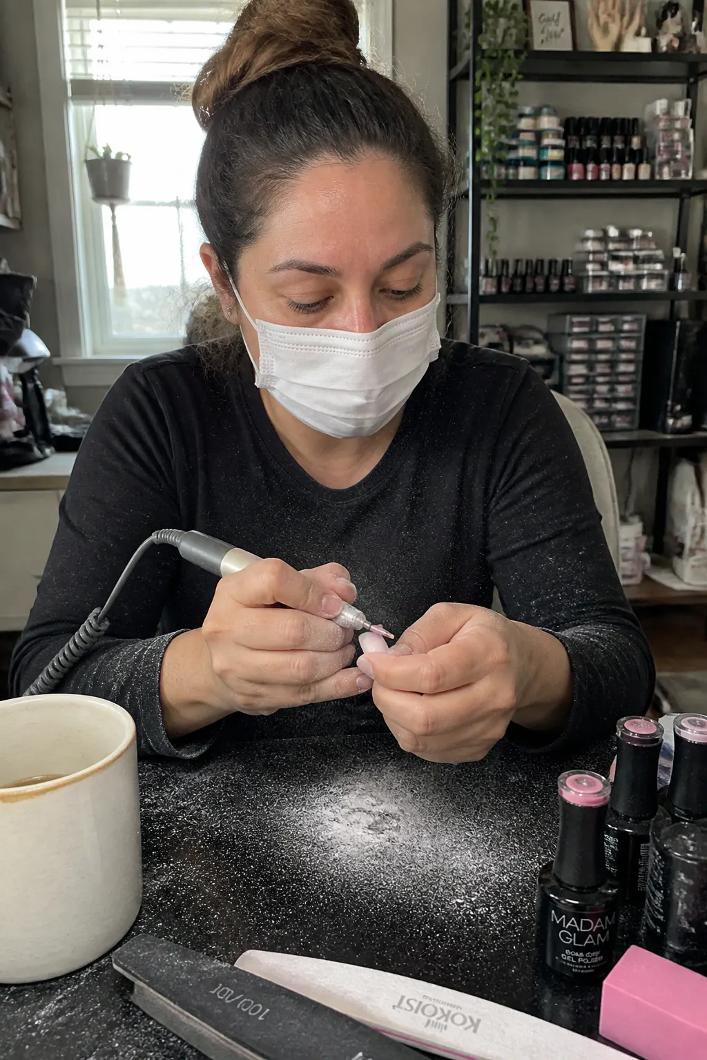 Nail tech with dust speckled on her sleeve at her station