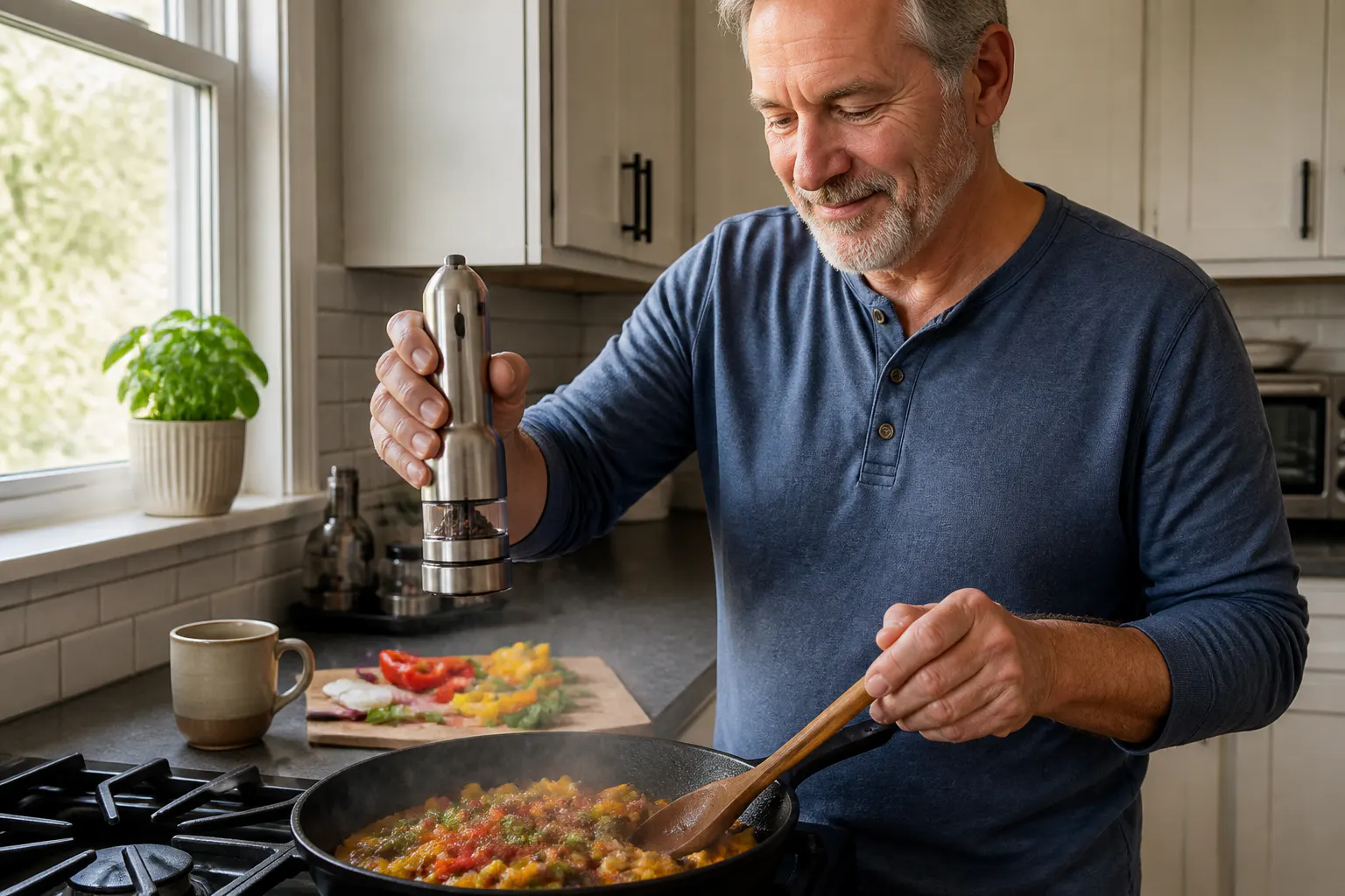 Stainless steel electric grinder grinding fresh pepper over food in a warm kitchen