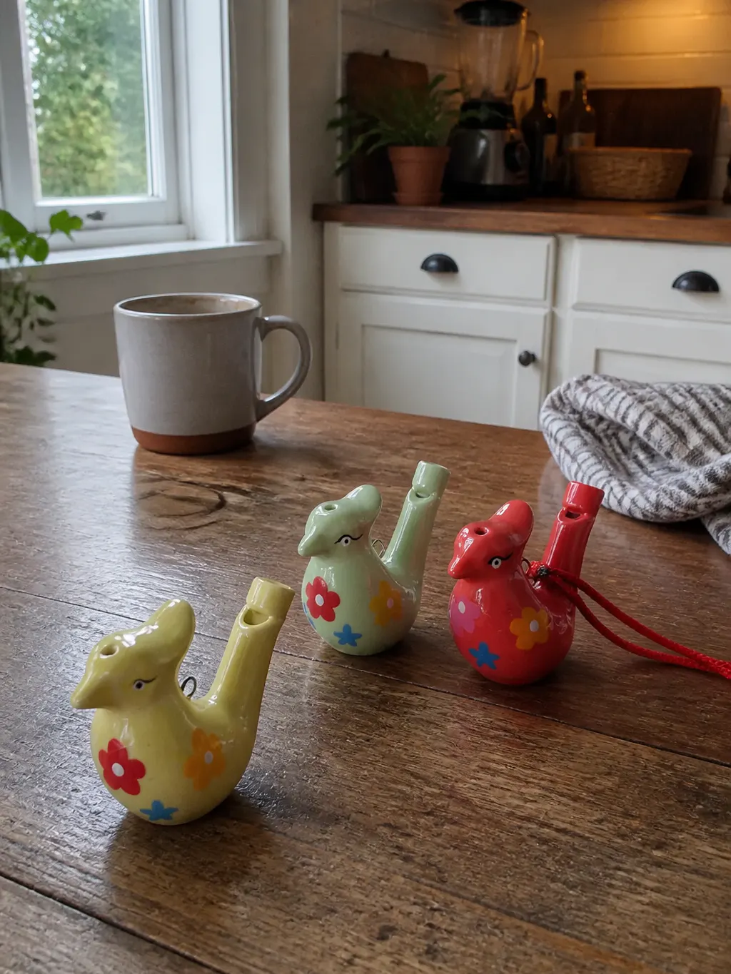 Three ceramic birds laid out with handwritten recipient tags
