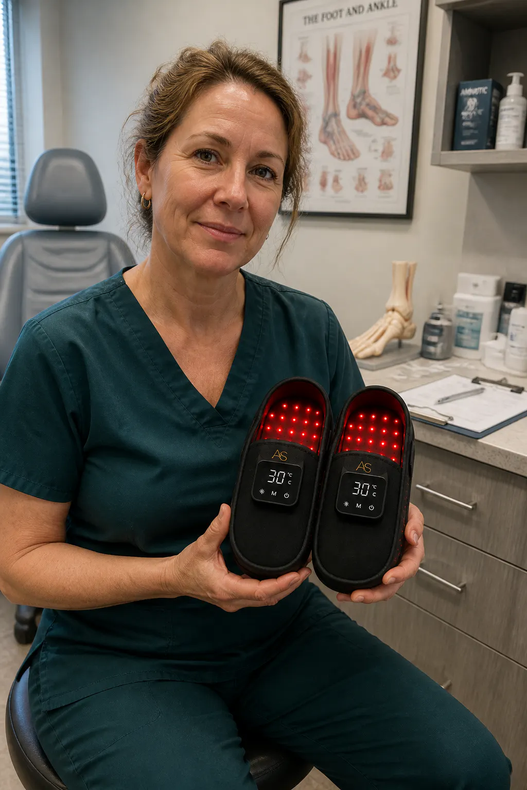 Podiatrist in a clinic holding the red light therapy slippers