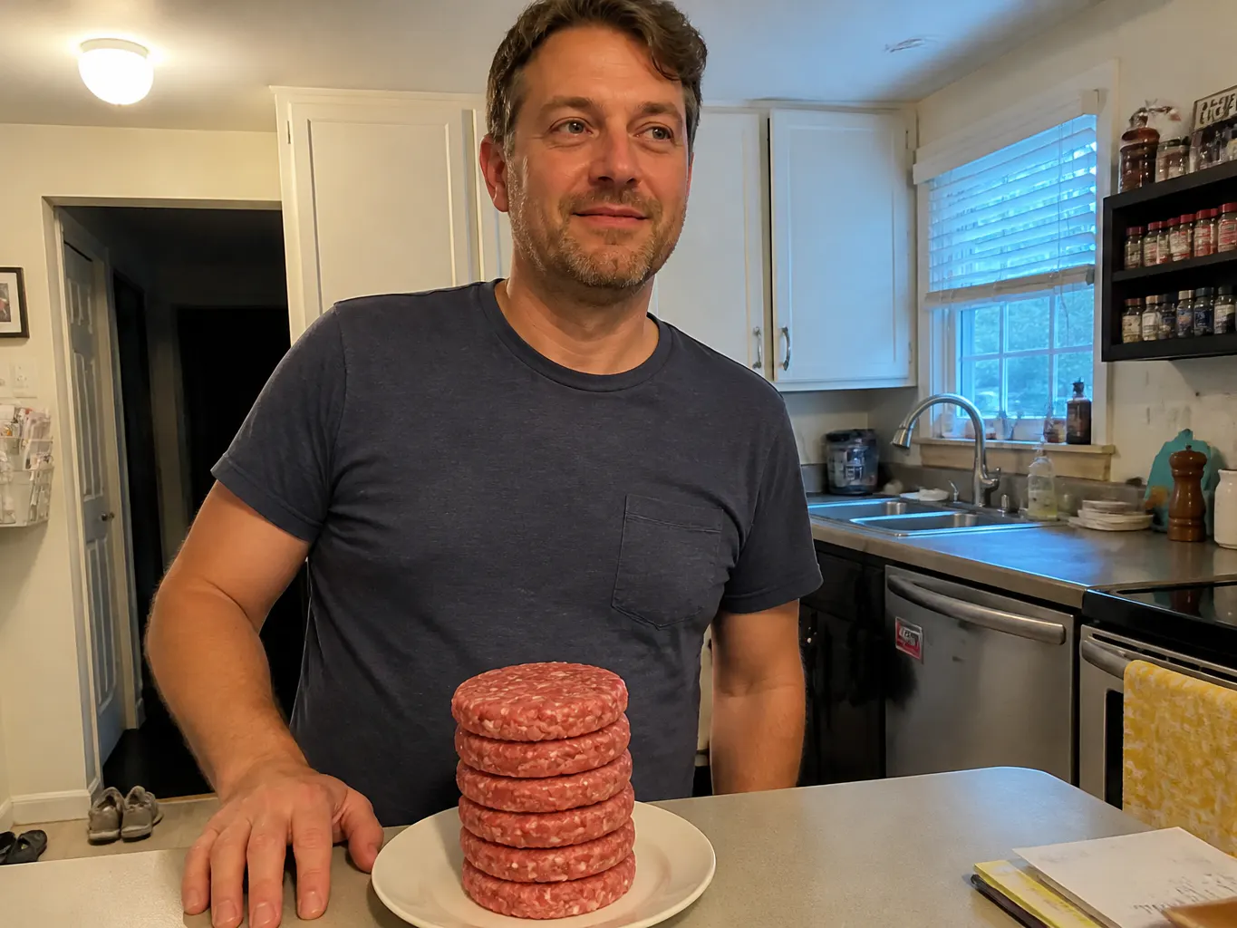 Stack of identical pressed patties separated by discs in the sealed cylinder in an organized freezer