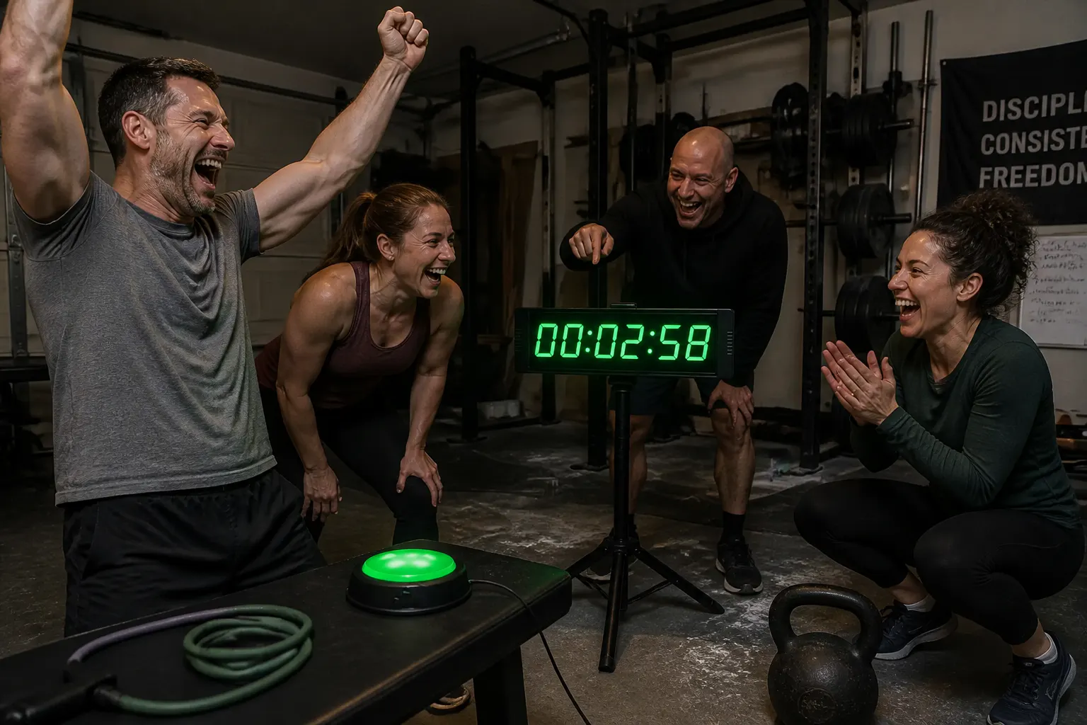 A full room of friends laughing and reacting around the glowing timer