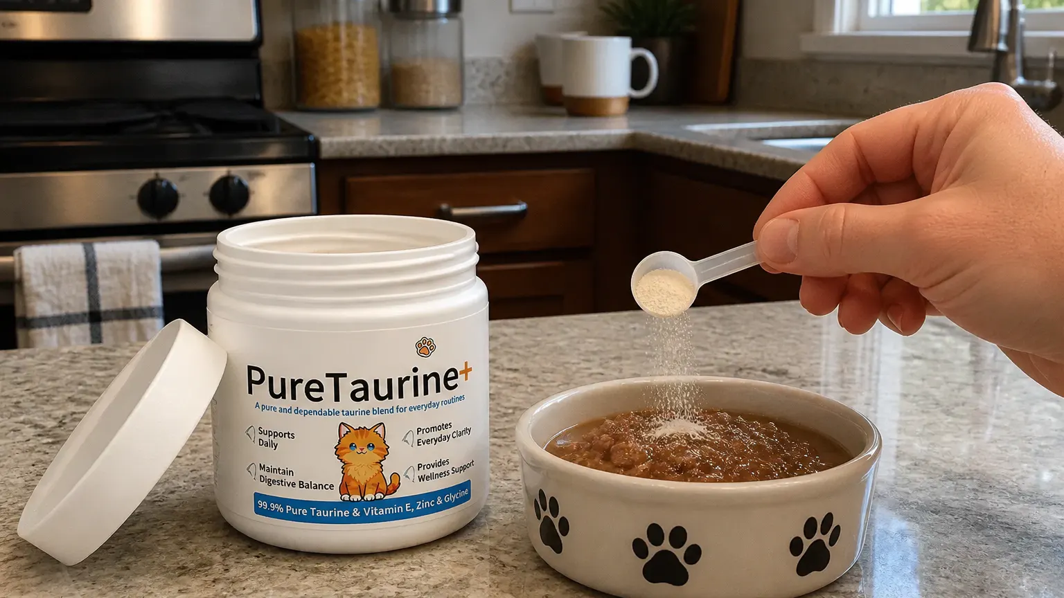 Fine white taurine powder and dosing spoon