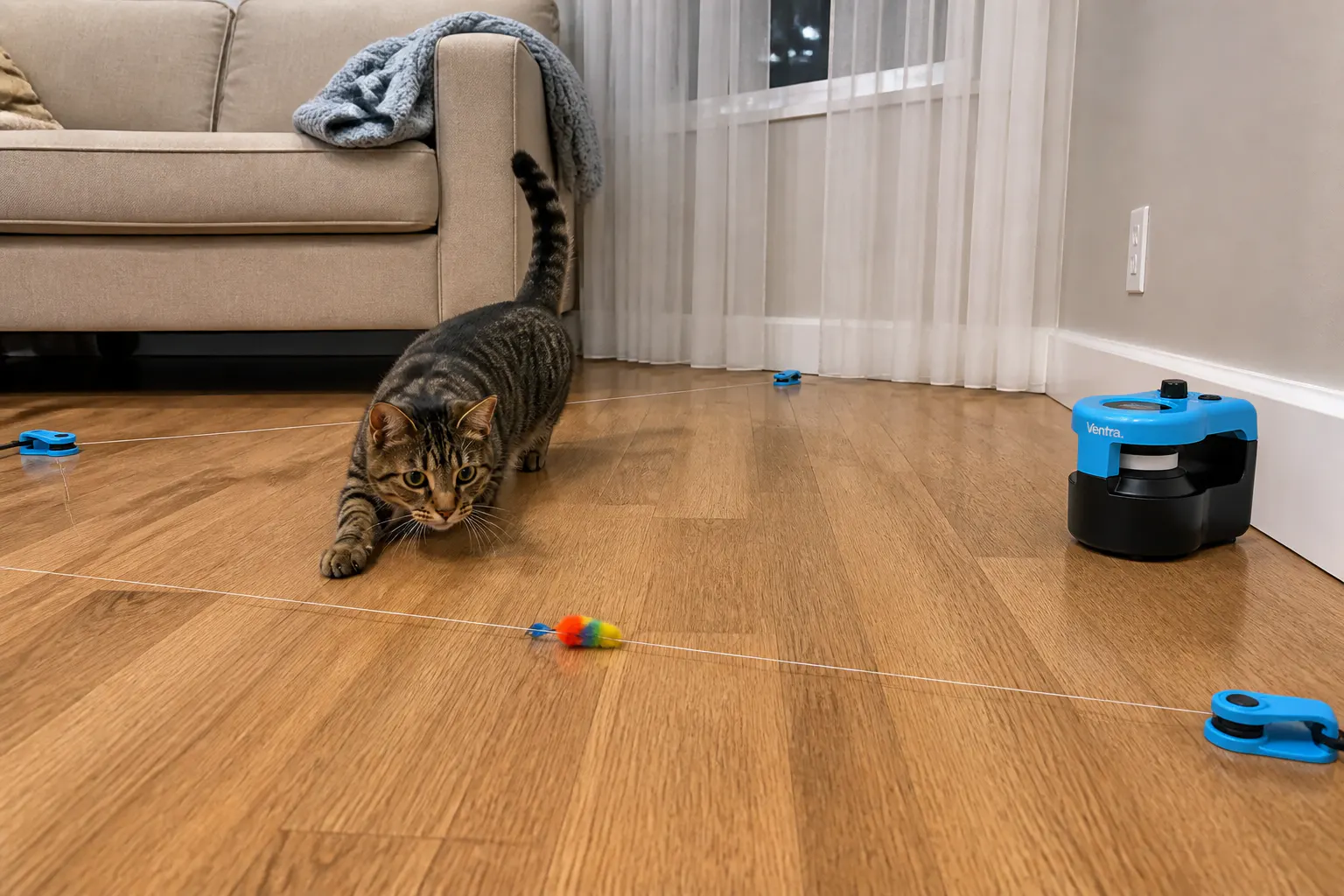 A cat mid-chase, pouncing on the furry lure zipping around a living-room corner