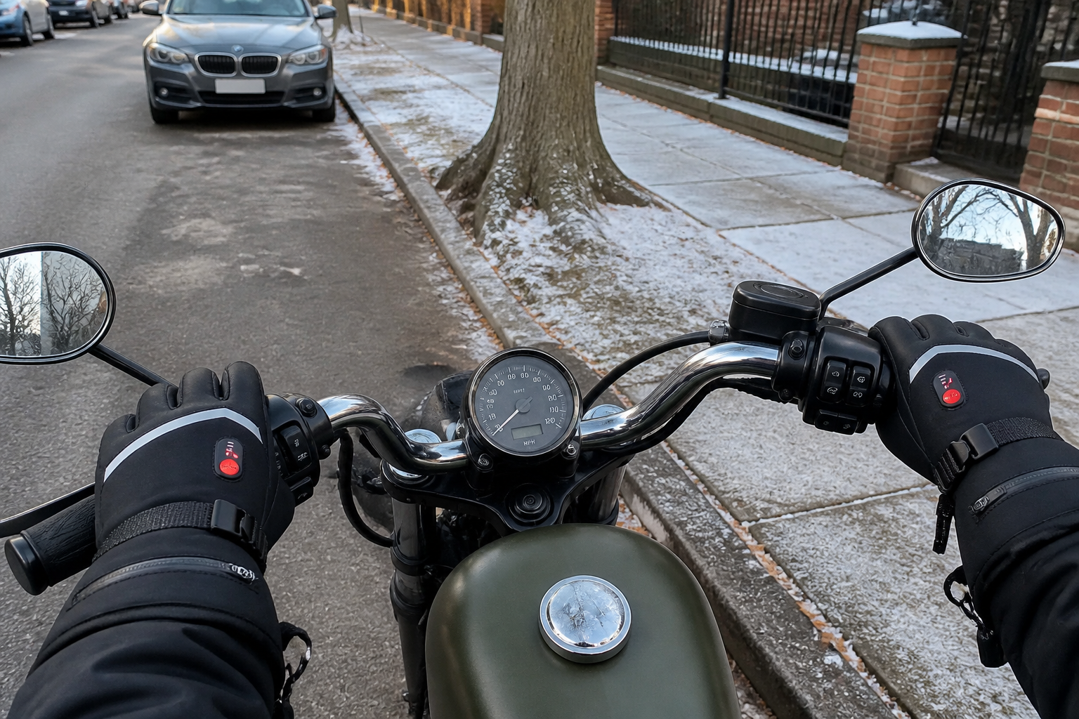 Heated glove gripping cold-morning handlebars