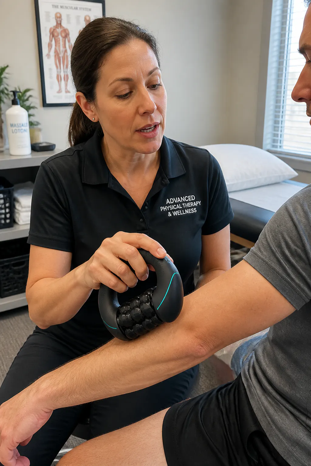 A physical therapist in a clinic holding the massager