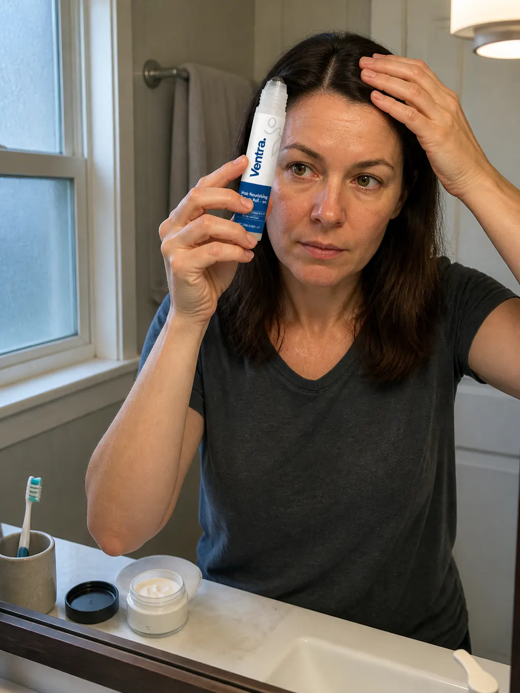Metal roller-ball applying scalp serum along a hair parting
