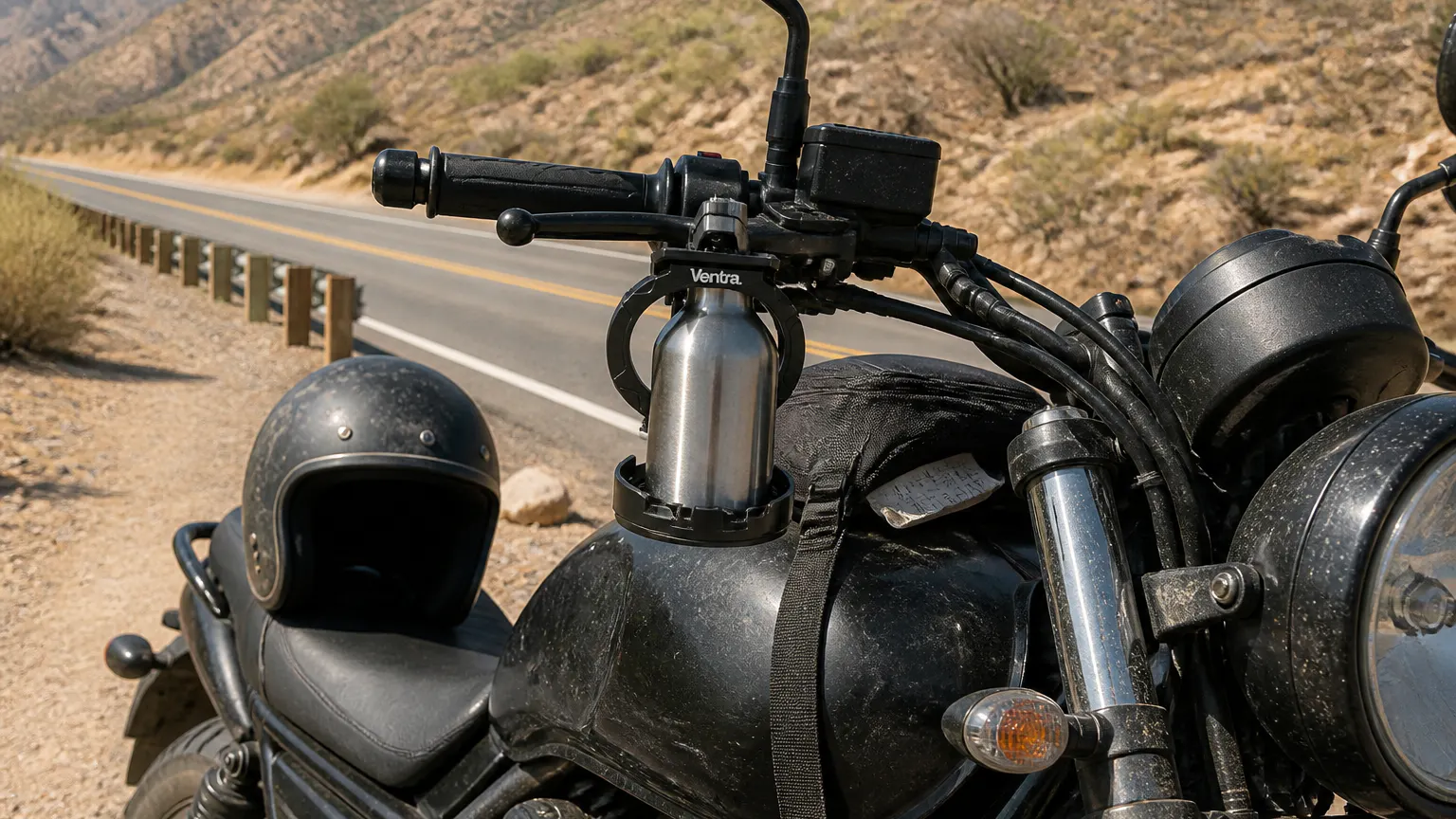 Same bike from the hero, holder deployed and loaded on the road
