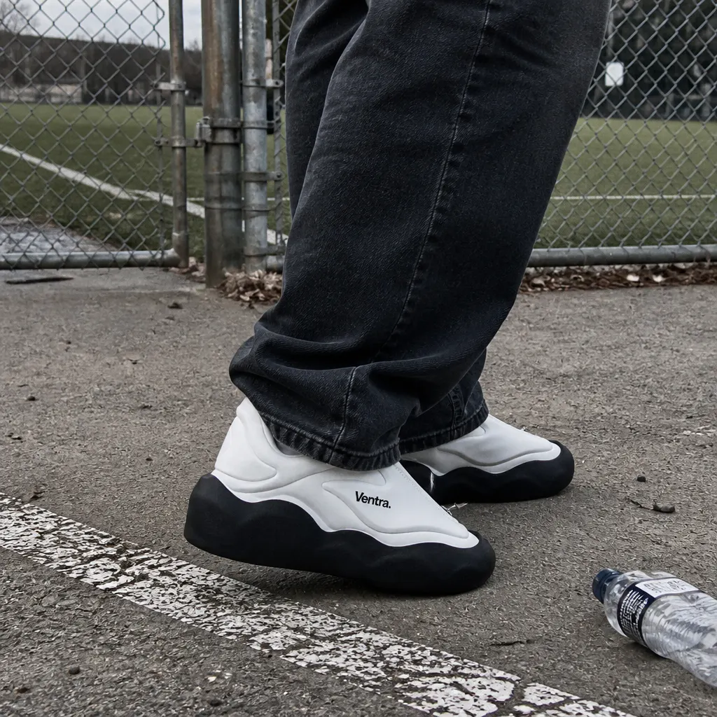 Matte-black CleatShield sole cover on a football boot standing on concrete, studs hidden underneath