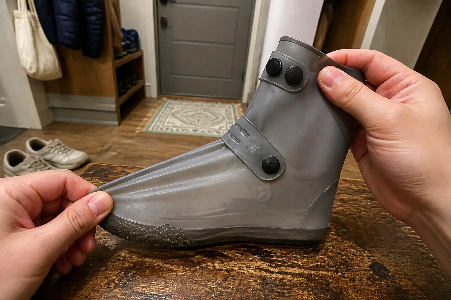 Close-up of the thick reinforced silicone shell of a Ventra shoe cover flexing without tearing