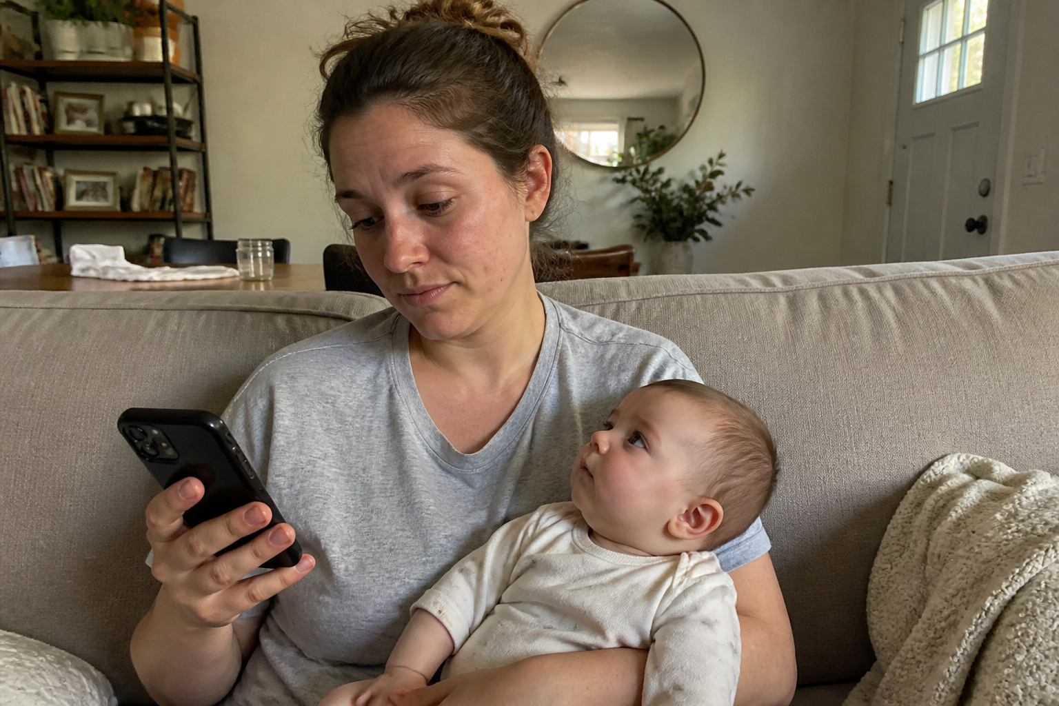 A mother at home holding her baby with her phone in hand