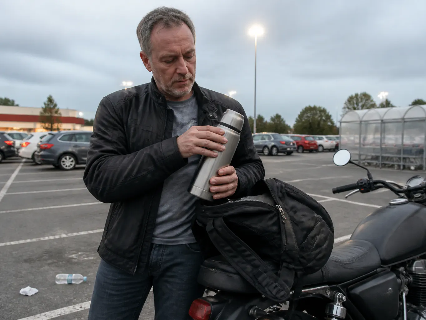 Rider with a thermos flask packed in a backpack
