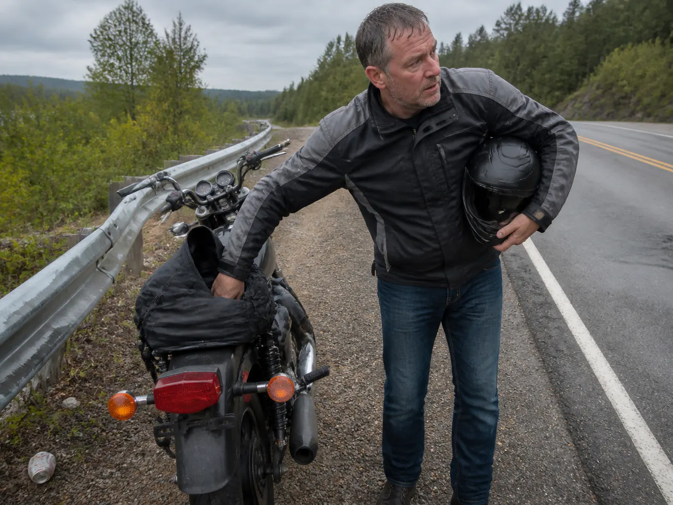 Rider reaching behind toward a saddlebag