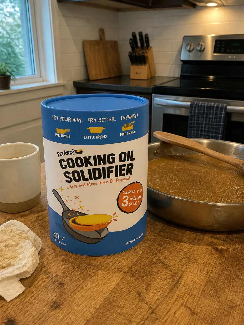 Macro of the kraft paperboard GreaseLock tub on a kitchen counter beside a lifted caramel-colored disc of solidified oil
