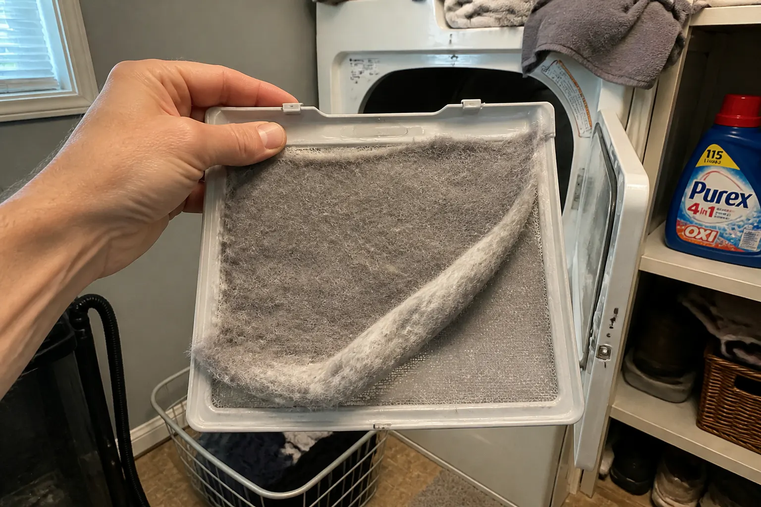 Dryer lint trap packed with captured pet fur