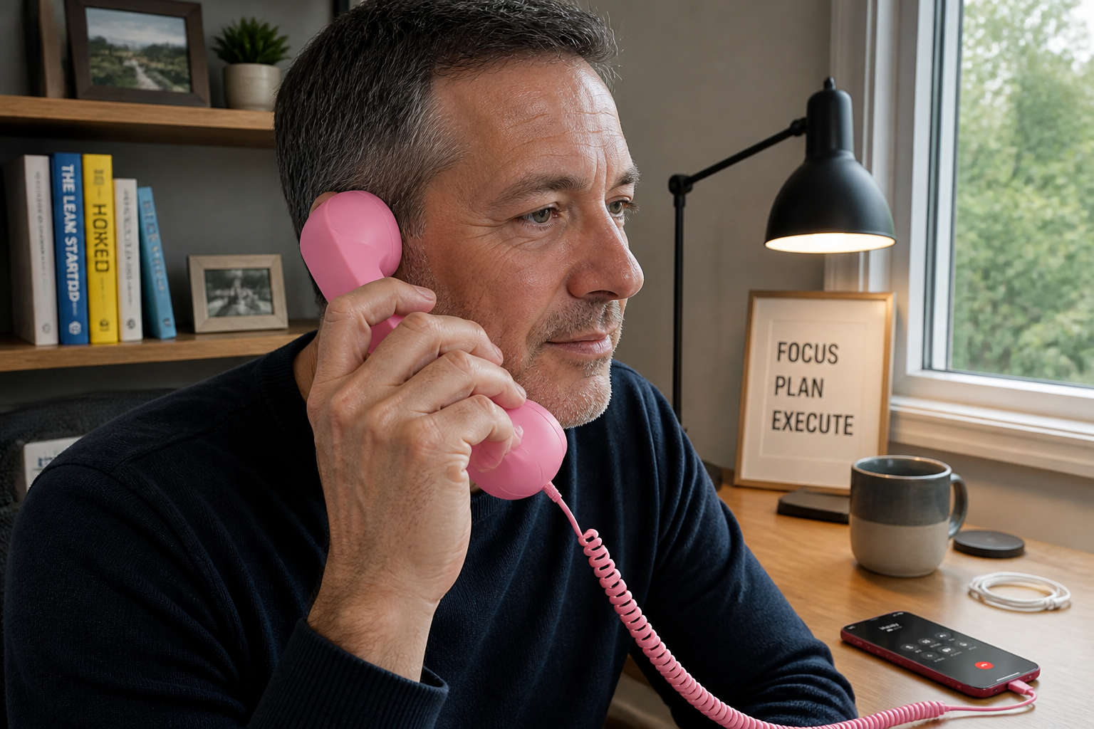 Hand comfortably cradling the curved retro handset on a long call