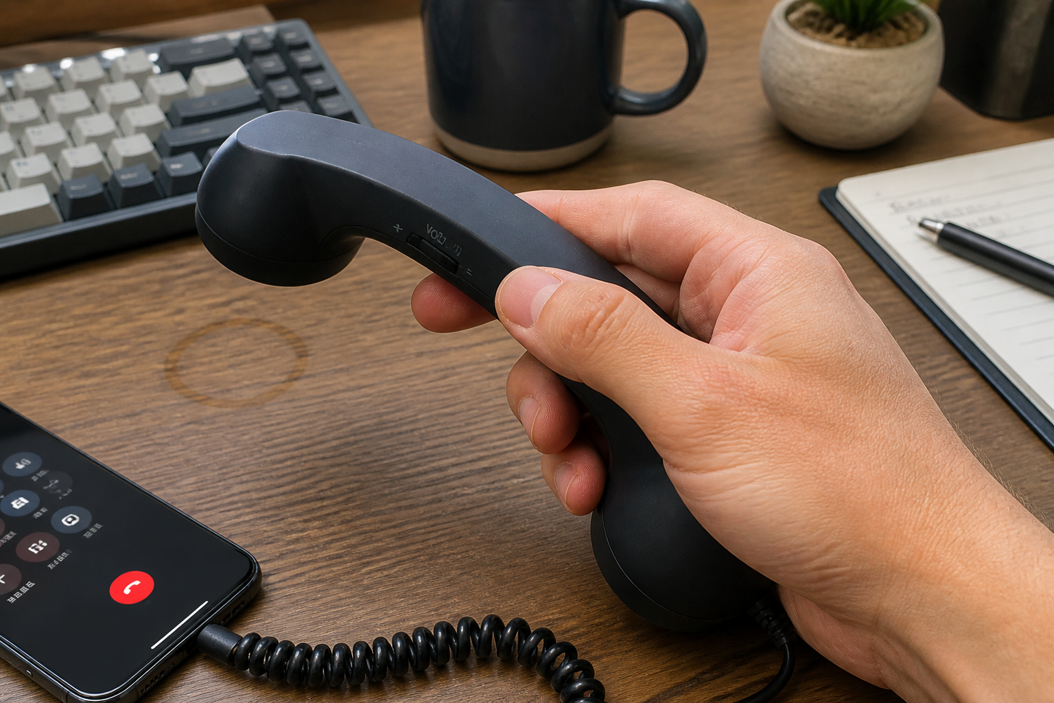 Close-up of the physical volume and answer buttons on the handset body