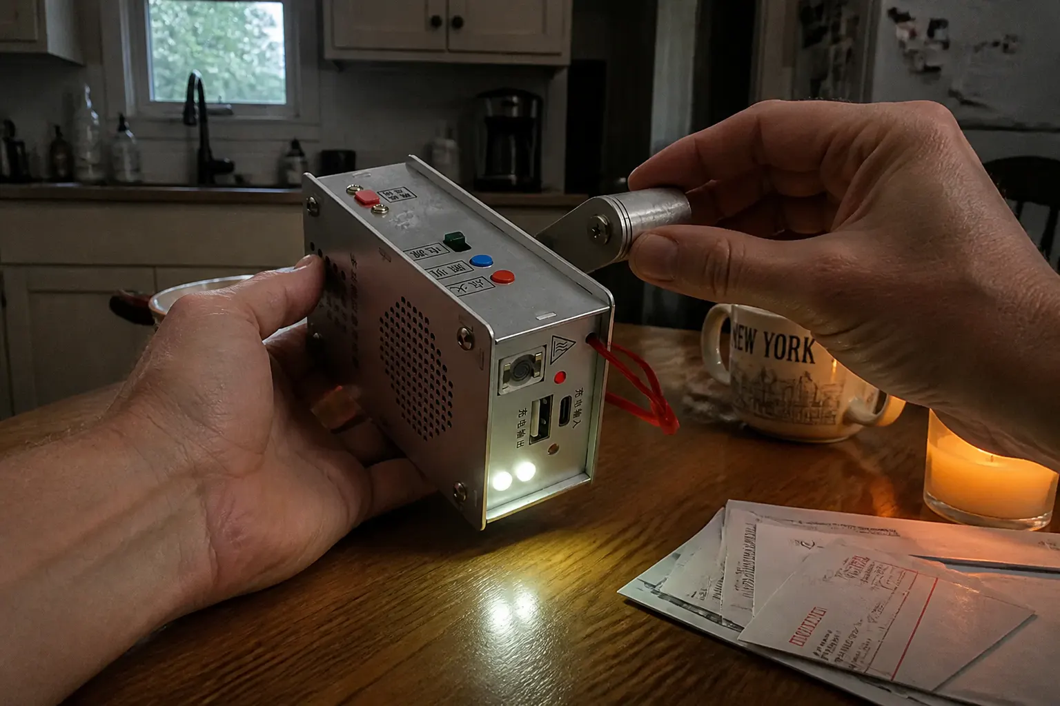 Hands unfolding the crank and cranking the device