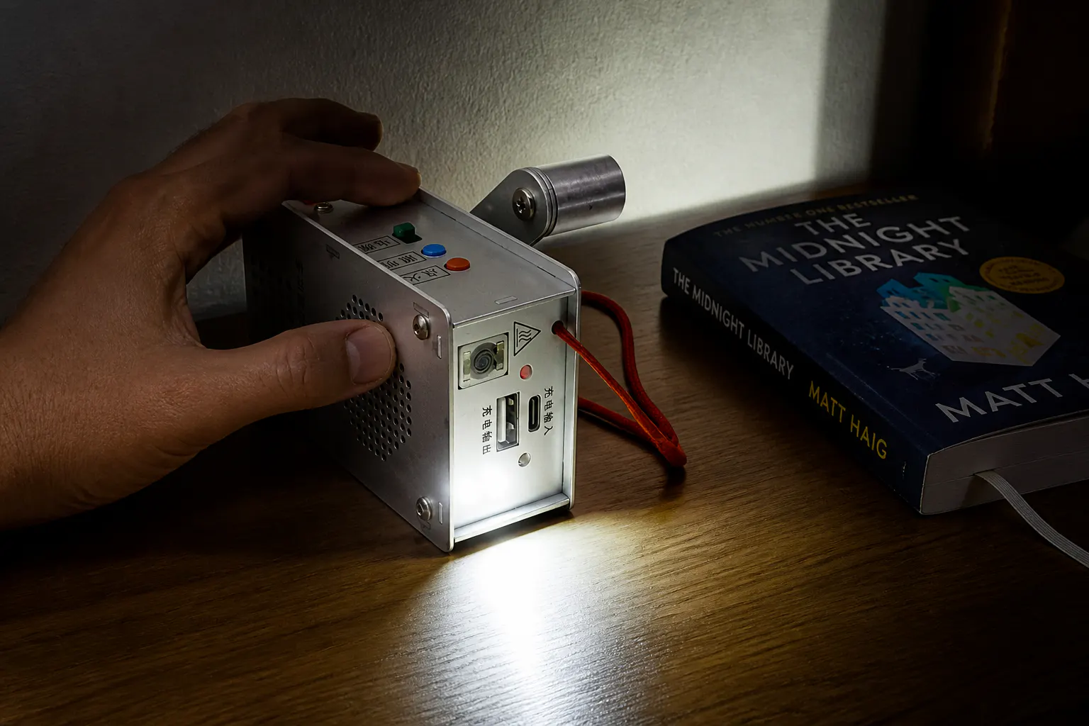 The LED flashlight beam and radio dial in use